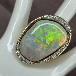 14k Gold 16.7 ctw Cabochon Natural Cut Opal Diamond Ring 34.66g